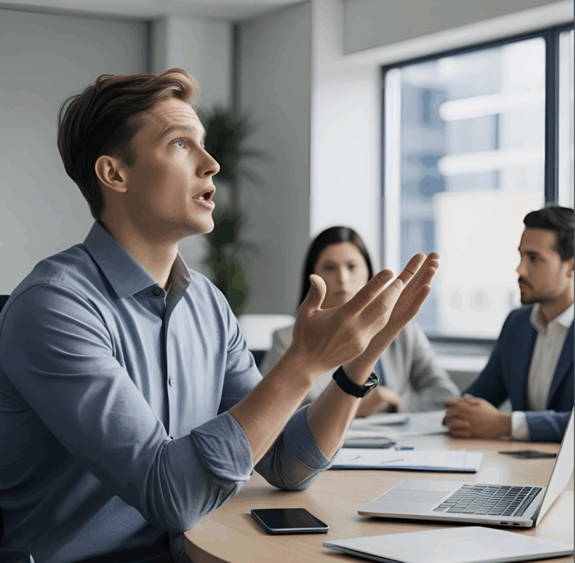 A man in a blue polo shirt speaks up about a problem in the workplace, advocating for change.